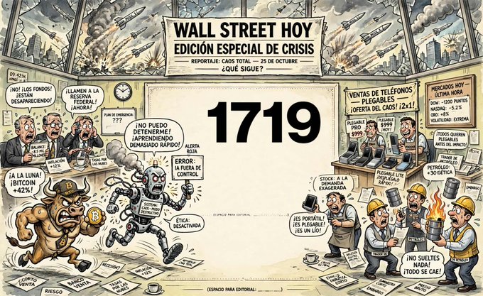 A chaotic editorial cartoon titled 'WALL STREET HOY EDICIÓN ESPECIAL DE CRISIS' depicting panicked traders, falling markets, and figures reacting to a crash labeled '1719', with Spanish text including '¡NO PUEDO DETENERME! ¡APRECIENDO DEMASIADO RÁPIDO!' and references to crypto and stock losses.
