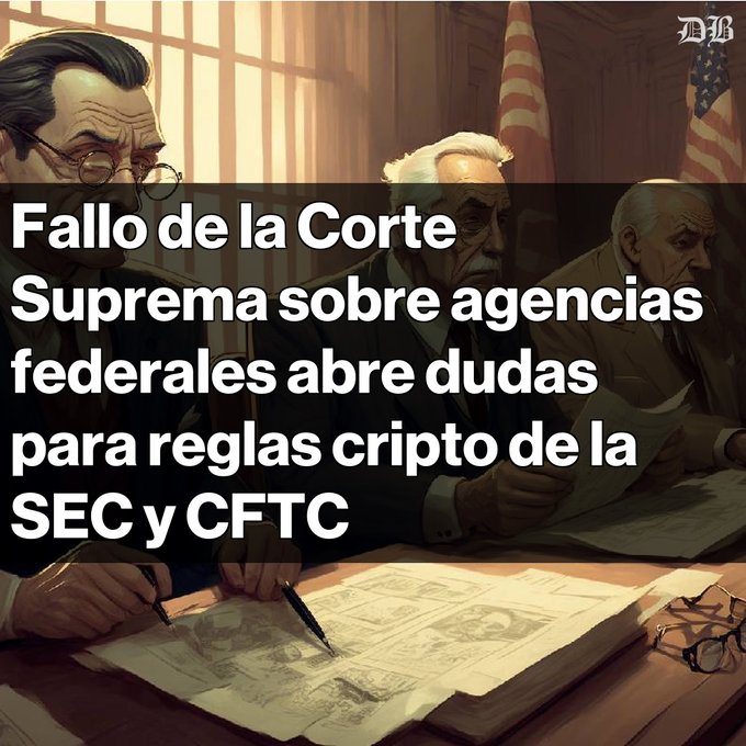 An illustrated image of three men at a desk with an American flag in the background, overlaid with Spanish text reading: 'Fallo de la Corte Suprema sobre agencias federales abre dudas para reglas cripto de la SEC y CFTC.'