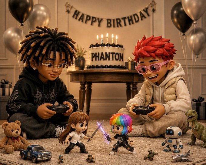 A digital 3D illustration shows two cartoon characters with dreadlocks and red hair playing video games in a birthday setting with a "PHANTOM" cake, "HAPPY BIRTHDAY" banner, balloons, and various toys scattered around.