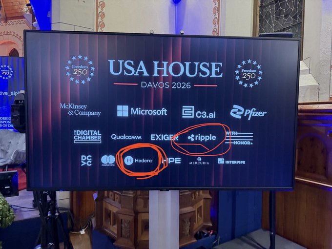 The image features a large TV screen displaying a list of logos for various companies, including Microsoft, Adobe, and Ripple. The text "USA House Davos 2006" can be seen at the top of the image. The logos are arranged in a grid format on the television screen, with each company's name displayed prominently.