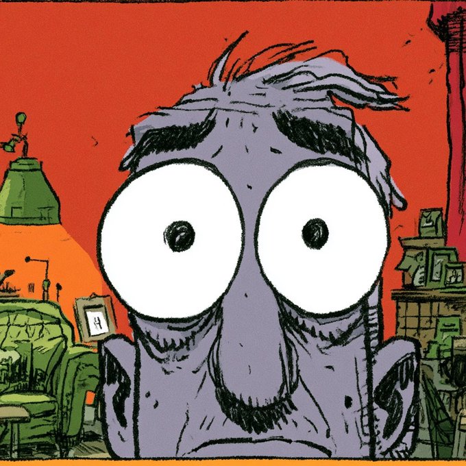 A cartoonish illustration of a wide-eyed, gray-skinned character with messy hair looking surprised, set against a vivid red and orange background with green furniture visible on the sides.
