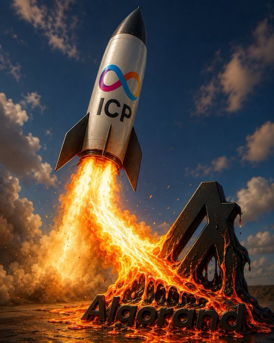 A dramatic digital artwork showing an ICP-branded rocket launching with fire and smoke, with an Algorand logo and text appearing to melt/burn in lava at the launch site below.