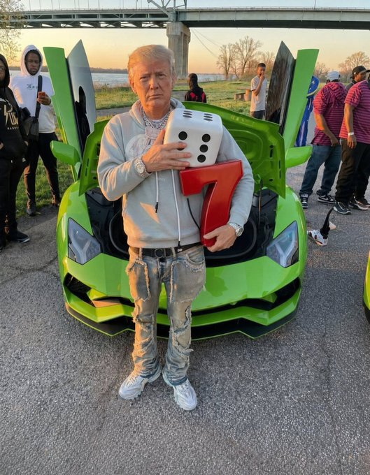 A man resembling Donald Trump stands in front of a bright green Lamborghini, holding a large white die and a red number 7. This image visually represents the "$67 gang" mentioned in the accompanying post, using the number 7 and the luxury car to signify wealth and luck.