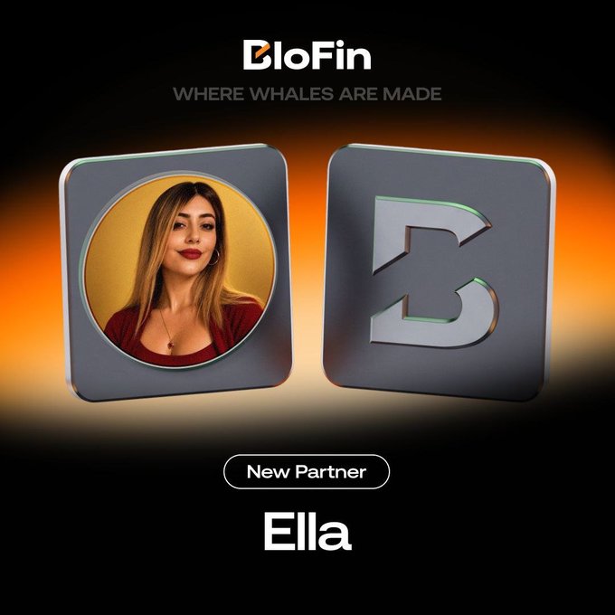 A promotional graphic for BloFin featuring a portrait and a large “3,” with the text “BloFin,” “WHERE WHALES ARE MADE,” “New Partner,” and “Ella.” It accompanies a campaign offering free BTC position vouchers and up to 500 USDT in Futures Bonus cashback on a first deposit.