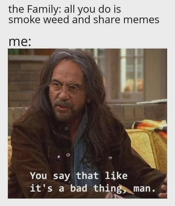 A meme featuring a man with long hair and glasses sitting on a couch, with text reading 'the Family: all you do is smoke weed and share memes' above 'me:' and 'You say that like it's a bad thing, man.' below.
