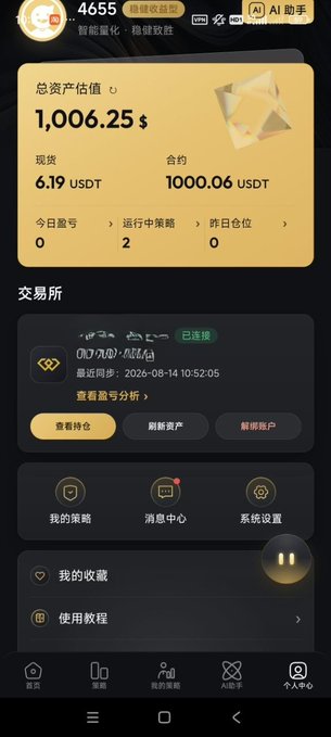 A screenshot of a trading app interface in Chinese shows a total asset value of 1,006.25 USDT, split into 6.19 USDT in spot and 1000.06 USDT in contracts, along with various menu options.