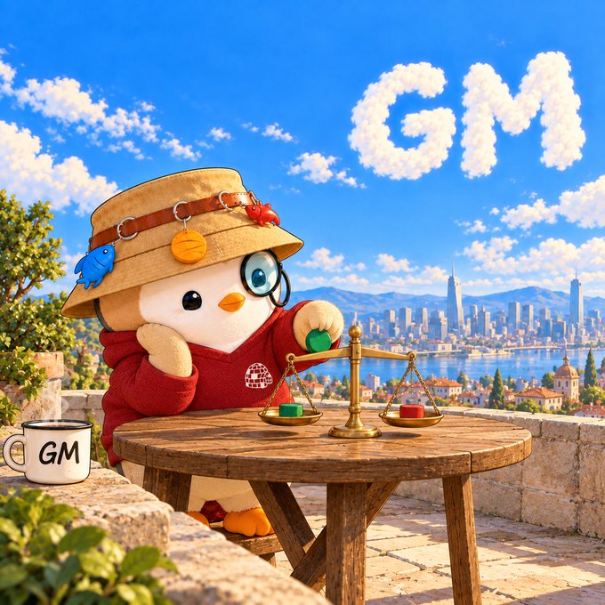 An illustration of a plush penguin character in a red hoodie and tan bucket hat, holding a small scale at a wooden table with a 'GM' mug, overlooking a city skyline with clouds forming the letters 'GM'.