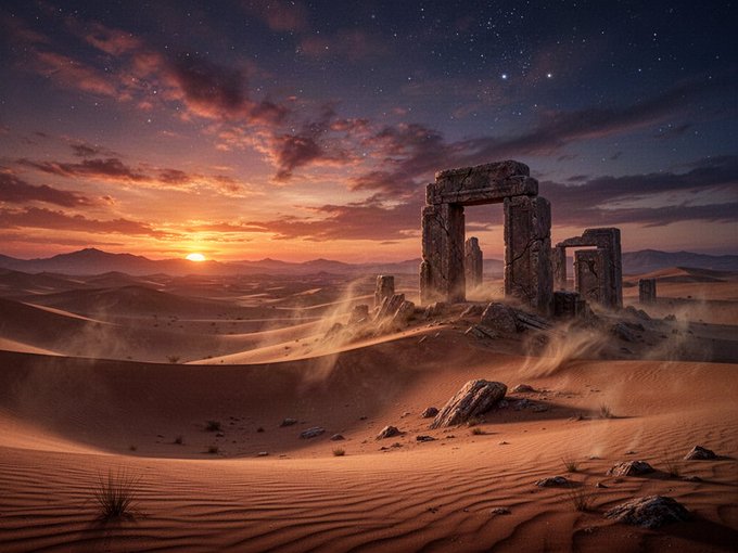A scenic desert landscape at sunset with ancient stone ruins/archways standing among sand dunes, under a starry purple-orange sky.