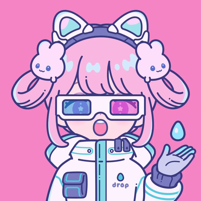 An animated illustration of a girl with pink hair wearing futuristic 3D glasses, cloud-shaped hair accessories, and a jacket with the word 'drop' on it.