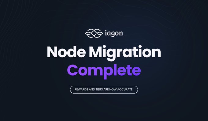 A dark promotional graphic features the 'iagon' logo and announces 'Node Migration Complete' in white and purple text, with a button stating 'REWARDS AND TIERS ARE NOW ACCURATE'.