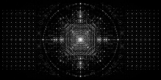 The image shows an abstract pattern or design that is composed of numerous small dots and lines forming a visually intriguing display with various shapes such as circles, squares, and triangles scattered throughout. The pattern appears to have some sort of electronic or digital effect due to its unique arrangement and intricate details. Additionally, there's text present in the image, which reads: "There were infinitely many possible Glyphs. Only 2,222 were observed. Today, every one of them found an owner. Thank you for becoming custodians of the archive. Generated. Computed. Discovered. We have more to do hold, on to your Glyph this will evolve in time reveal soon." This suggests that the image is a part of an ongoing process or series where the patterns are being generated and observed over time.