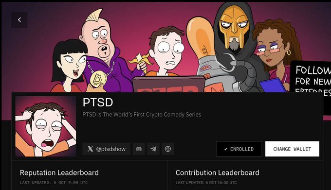 A promotional webpage for "PTSD," described as "The World's First Crypto Comedy Series," featuring cartoon characters, the handle "@ptsdshow," and an "ENROLLED" status.
