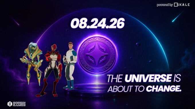A promotional graphic with a space theme displays the date "08.24.26" and the text "THE UNIVERSE IS ABOUT TO CHANGE," featuring three animated characters, a glowing purple emblem, and logos for "powered by SKALE" and "Stoked Games."
