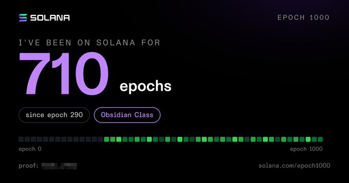 A Solana Epoch 1000 graphic displays the text "I'VE BEEN ON SOLANA FOR 710 epochs" with "since epoch 290" and "Obsidian Class" badges, alongside a visual progress bar marking participation from epoch 0 to 1000, directly celebrating the user's long-term tenure on the network as highlighted in the post.