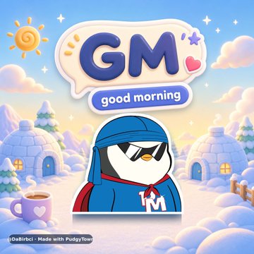 A colorful 'GM good morning' sticker features a cartoon penguin wearing sunglasses and a blue hoodie, set against a snowy landscape with igloos and a smiling sun, credited as 'DaBirdci - Made with PicsArt'.