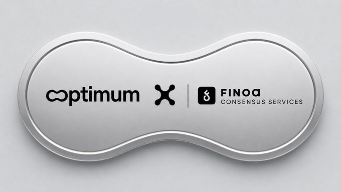 A 3D-rendered silver pill-shaped platform displaying the logos for 'Optimum', an 'X' symbol, and 'FINOA CONSENSUS SERVICES'.