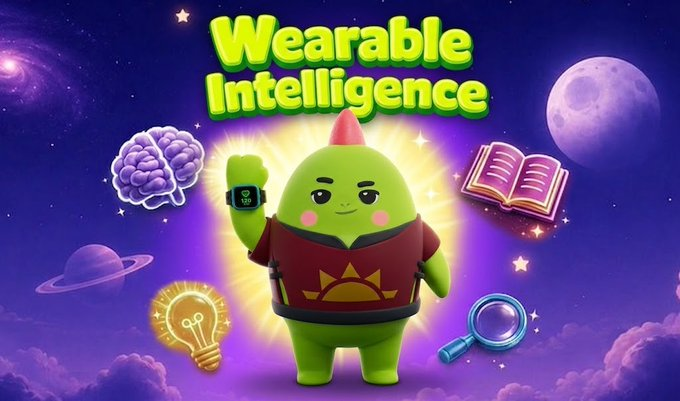 A cute green character wearing a "Wearable Intelligence" device stands in a cosmic setting surrounded by a brain, book, lightbulb, and magnifying glass, with the text "Wearable Intelligence" displayed prominently. The image ties into the post by symbolizing the smart, strategic thinking needed to maximize gold earnings through daily missions, hero challenges, card upgrades, and limited-time events in Sleepagotchi Lite.