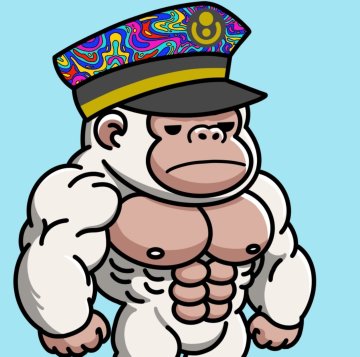 Cartoon illustration of a muscular white ape/buff monkey wearing a colorful psychedelic-patterned military cap, set against a light blue background.