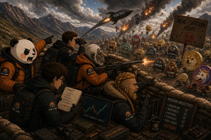 A dramatic war scene depicts the "Meme/Shitcoin Army" battling market forces, with signs reading "BUG PULL!" and "MISSION OBJECTIVES: DISCIPLINE, RESEARCH, PATIENCE, STRATEGY, RISK MGMT, VICTORY," while a chart labeled "DAILY REMOTE A REPEAT" shows a sharp drop—a fitting visual metaphor for the risky crypto trenches the community channel prepares newcomers to navigate.