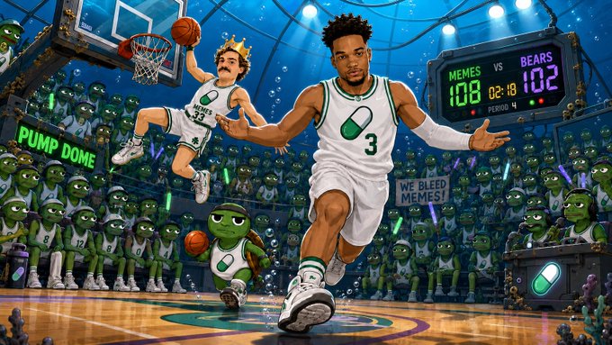 The image features a basketball court with two players engaged in an intense game of one-on-one. One player is wearing a white uniform and holding a basketball, while the other player is dressed in a green uniform and also has a basketball. The scene takes place during a basketball game, as indicated by the presence of a scoreboard displaying the current score of "Mesheds 10:18 Bears".