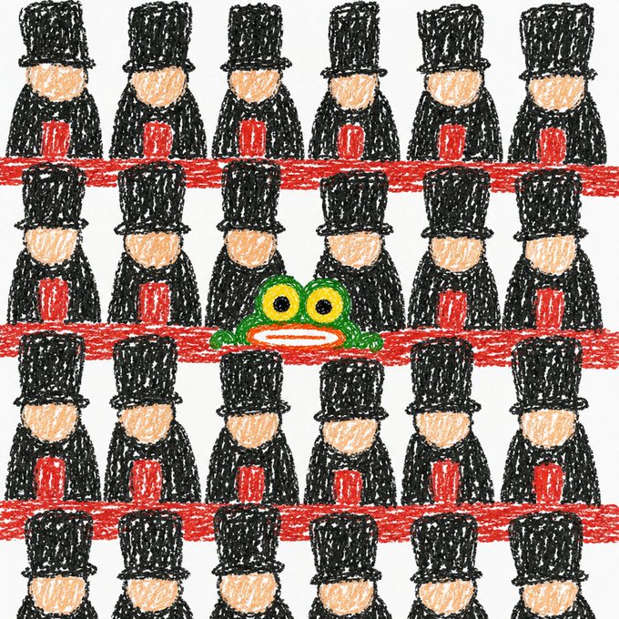 A hand-drawn illustration showing a pattern of identical figures wearing black top hats and suits with red ties, separated by red horizontal lines, with a single green frog peeking out from the middle row among the crowd.