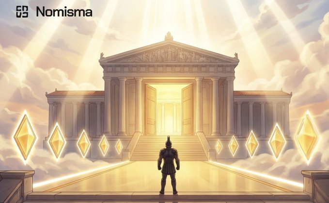 An illustration of a figure approaching a grand classical temple bathed in golden light, flanked by floating golden diamond crystals, with the 'Nomisma' logo in the top left corner.