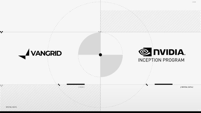 A grayscale interface screen displaying the 'VANGRID' logo on the left and the 'NVIDIA INCEPTION PROGRAM' logo on the right, separated by geometric circular graphics.
