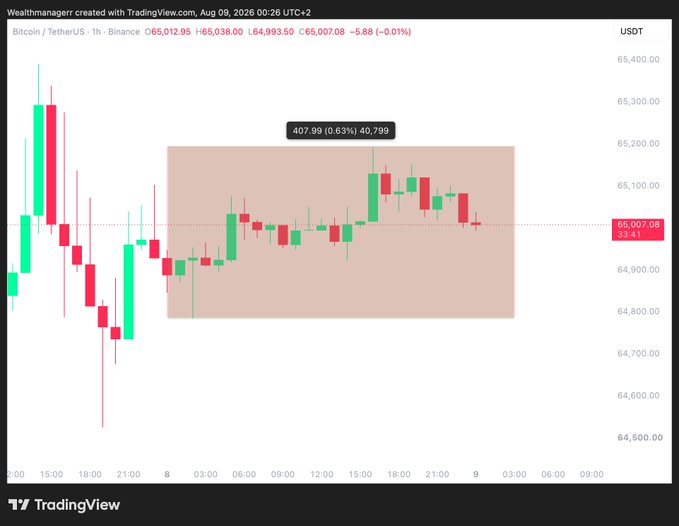 A TradingView 1-hour chart of Bitcoin (BTC/USDT) on Binance shows price consolidating in a tight range between approximately $64,800 and $65,200, with a current price of $65,007.08 (-0.01%), visually confirming the post's observation of compressed volatility and low activity around the $65,000 level.