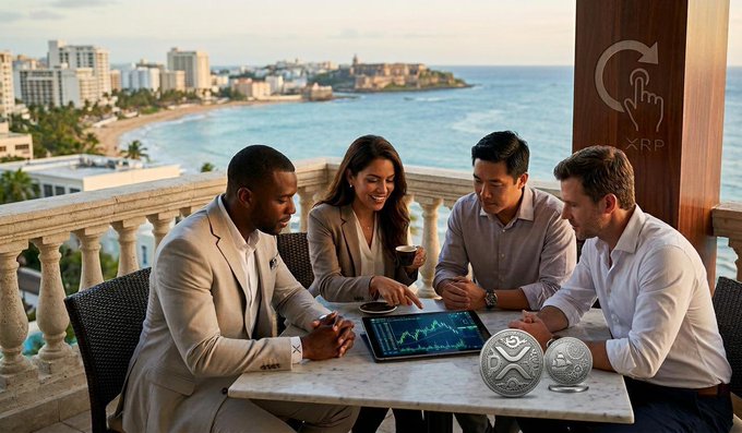 The image shows a group of four people sitting around a table with their laptops open, engaged in a meeting or discussion. The setting appears to be an outdoor patio overlooking the ocean, providing a serene backdrop for their work session. One person is holding a silver coin, possibly as a symbol of the financial reset that Puerto Rico is promoting. The image also includes text about Puerto Rico's role in the global financial reset and the use of Bitcoin as a means of payment.