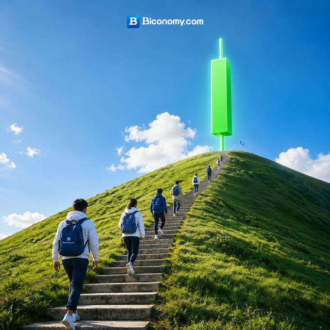 An image showing people with backpacks climbing stone stairs up a grassy hill toward a giant glowing green candlestick chart at the summit, with the 'B Biconomy.com' logo at the top.