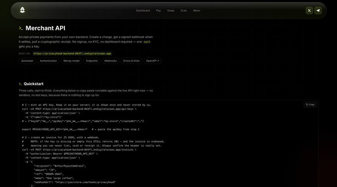 A dark-themed documentation page for a Merchant API, displaying code snippets in JSON format with tabs for Quickstart, Authentication, and other developer resources.