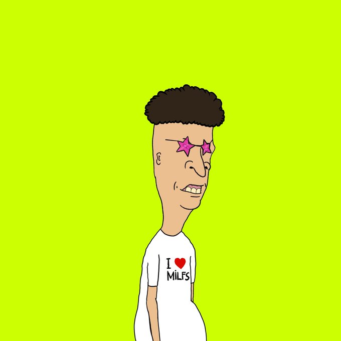 A cartoon drawing on a bright green background depicts an angry-looking man with a tall head, star-shaped eyes, and a white t-shirt that reads 'I ❤ MILFS'.