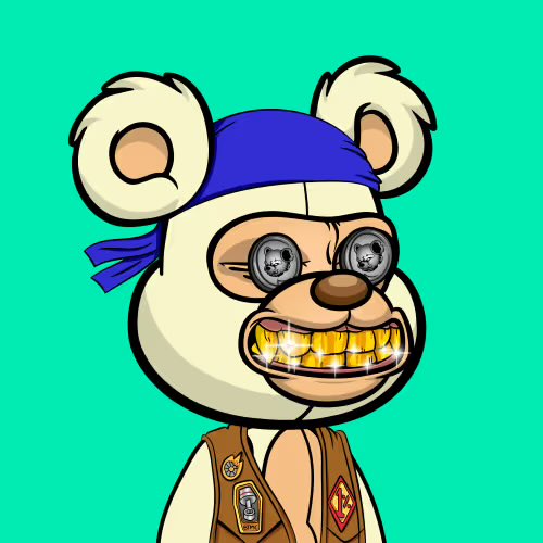 A cartoon illustration depicts a bear character with a blue headband, gold teeth, goggles reflecting faces, and a scout vest on a teal background, resembling a Bored Ape NFT style.