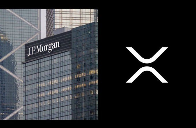 JPMorgan building facade next to the XRP cryptocurrency logo on a black background.