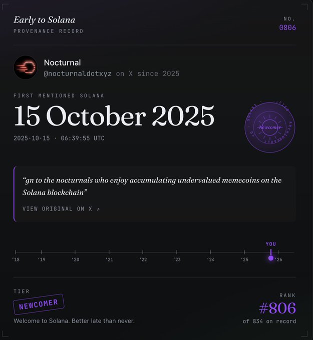 The image shows a screenshot of a website called "Newcomer", which has a purple background with white text, displaying information about a person named @solana who was born on October 15th, 2005. The post mentions that the user's account was created in November 2015 and is now ranked at 806.
