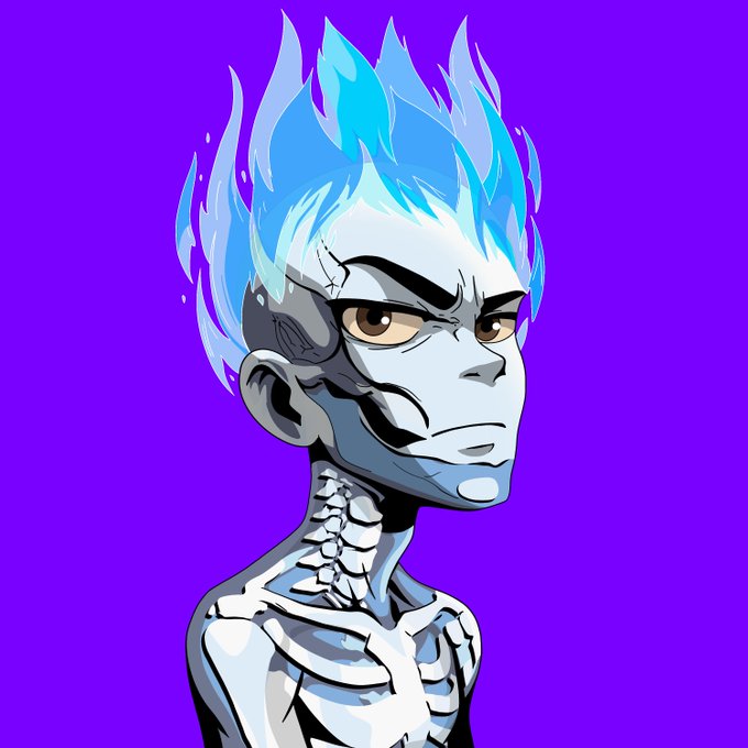 A cartoon-style illustration of a pale, skeleton-like character with striking blue flame hair set against a vibrant purple background, evoking the fiery, edgy aesthetic often associated with crypto and Web3 branding. The image visually complements the post's announcement of supported wallets (Phantom, Solflare, Backpack), likely serving as a mascot or branding element for a blockchain-related project.