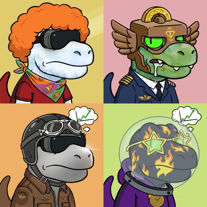 A 2x2 grid of cartoon dinosaur characters wearing various outfits including a red shirt with a bandana, a pilot uniform, an aviator jacket with helmet and goggles, and a space suit with star-shaped sunglasses.