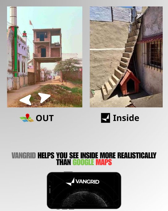 A promotional advertisement for 'VANGRID' compares 'Google Maps' (labeled 'OUT') with their app (labeled 'Inside'), claiming it helps users 'SEE INSIDE MORE REALISTICALLY' with images showing exterior and interior views of buildings.