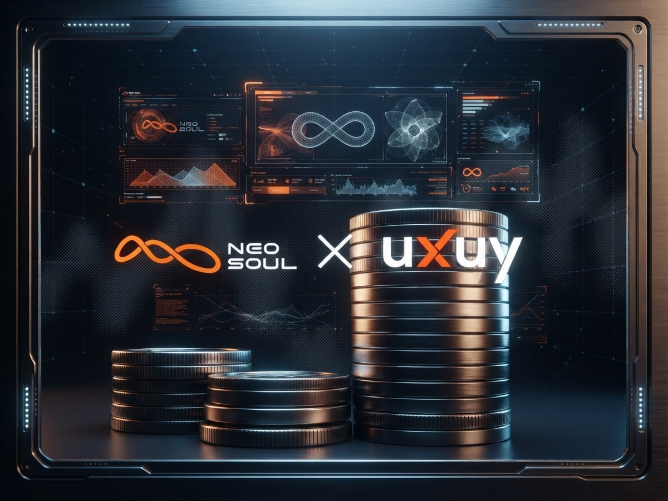 A futuristic digital display showing 'NEO SOUL' and 'uxuy' branding alongside an infinity symbol, data visualizations, and stacks of metallic coins.