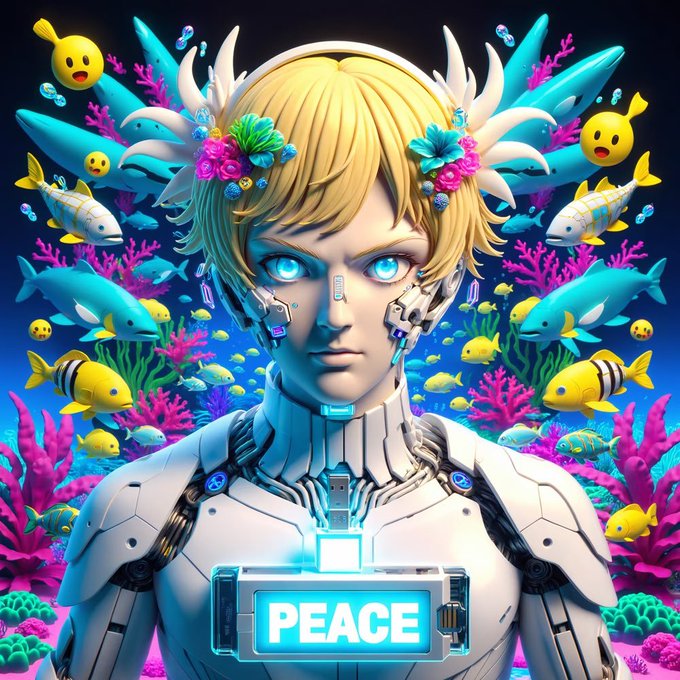 A vibrant digital artwork of a cybernetic figure with blonde hair and glowing blue eyes, displaying the word "PEACE" on its chest plate, surrounded by colorful fish and coral.