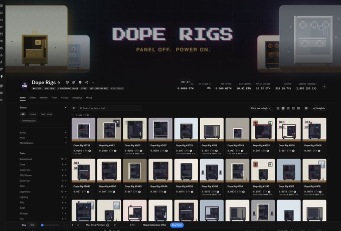 The image shows the OpenSea NFT collection page for "Dope Rigs," featuring a tagline "Panel Off. Power On," with 12.8K items listed at a floor price of 0.0009 ETH. This relates to the post by showing the collection the user encountered during a minting phase, where they minted from a burner wallet at a low floor price around 0.001 ETH, unaware that dozens of similar wallets they'd used would later become eligible for an airdrop.