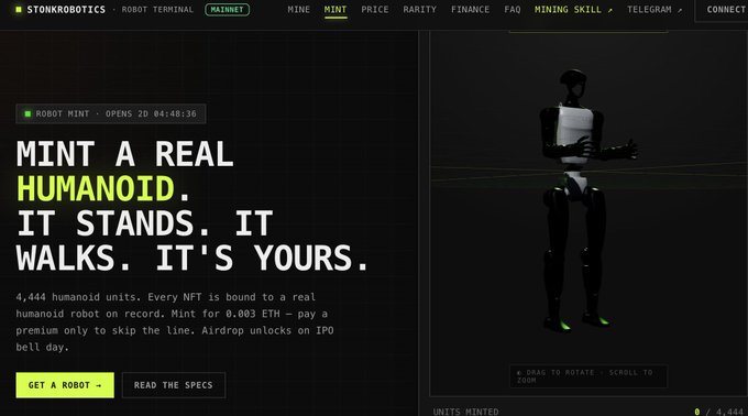Screenshot of the 'StonkRobotics' website promoting a 'ROBOT MINT' for humanoid robot NFTs, with text stating 'MINT A REAL HUMANOID. IT STANDS. IT WALKS. IT'S YOURS.' at 0.003 ETH each.