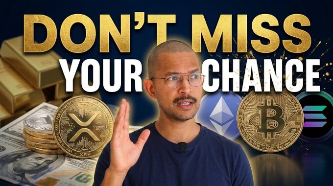A man wearing glasses and a blue shirt speaks directly to the camera with his hand raised, surrounded by imagery of gold bars, US dollar bills, and cryptocurrency coins (XRP, Ethereum, Bitcoin, and Solana). Bold text reads "DON'T MISS YOUR CHANCE," promoting a video about a surprising Ripple (XRP) price prediction for investors.
