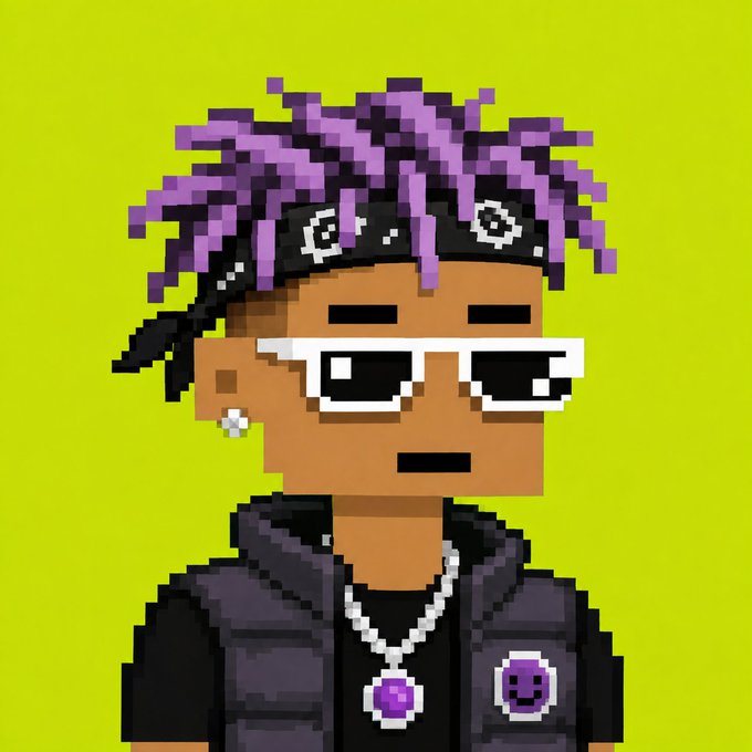 A pixel art avatar of a character with purple dreadlocks, a black bandana, white sunglasses, and a skull pin is displayed against a yellow background, likely serving as promotional artwork for the "RON" NFT collection mint. The post announces a live mint and freemint opportunity with only 6666 Ronins available, using this stylized character as the collection's mascot.