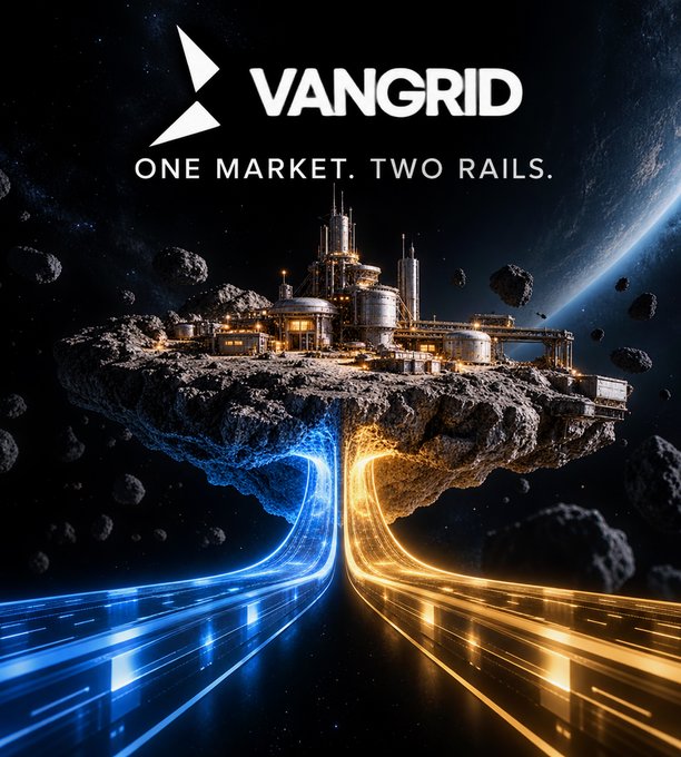 A sci-fi themed advertisement for 'VANGRID' featuring the text 'ONE MARKET. TWO RAILS.', showing a floating asteroid with an industrial facility and two glowing pathways (blue and orange) extending from it into space.