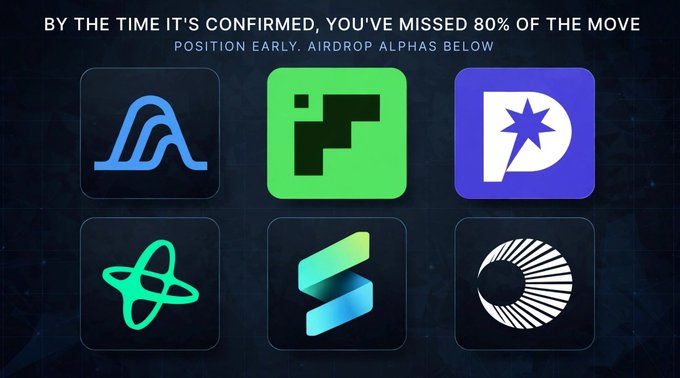 A promotional graphic with the text "BY THE TIME IT'S CONFIRMED, YOU'VE MISSED 80% OF THE MOVE" and "POSITION EARLY. AIRDROP ALPHAS BELOW," displaying six app icons including a green 'F' logo.
