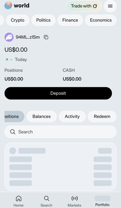Screenshot of a trading app called 'world' showing a portfolio page with categories including Crypto, Politics, Finance, and Economics, displaying a US$0.00 balance with options for Deposit and tabs for Positions, Balances, Activity, and Redeem.