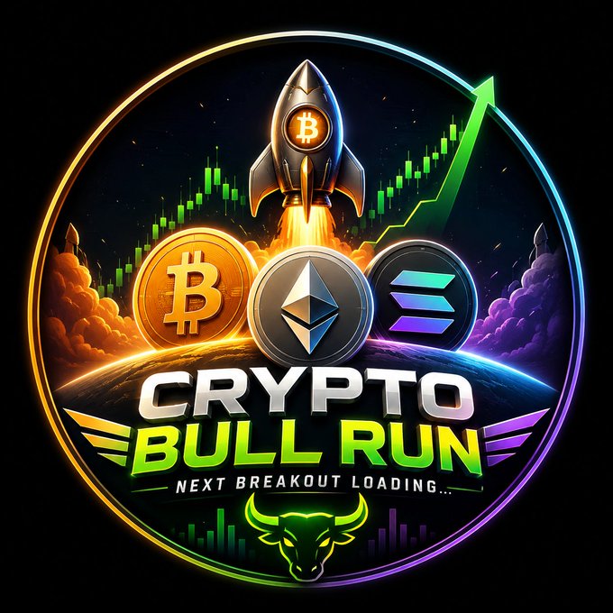 A vibrant graphic features a rocket launching with Bitcoin, Ethereum, and Solana coins, overlaid with a green stock chart and the text "CRYPTO BULL RUN NEXT BREAKOUT LOADING...".