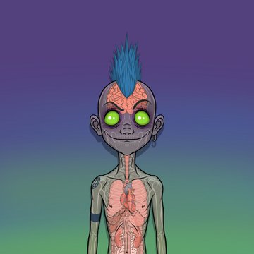 A digital illustration of a green-skinned zombie-like character with glowing green eyes, a blue mohawk, and an exposed brain stands against a purple and green gradient background, serving as artwork for the CrYpTiCs NFT collection being promoted on OpenSea.
