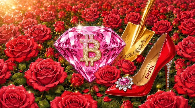 A luxury-themed image showing a large pink Bitcoin diamond, a gold shovel, and a red high-heeled shoe labeled 'SRSOL' surrounded by red roses.
